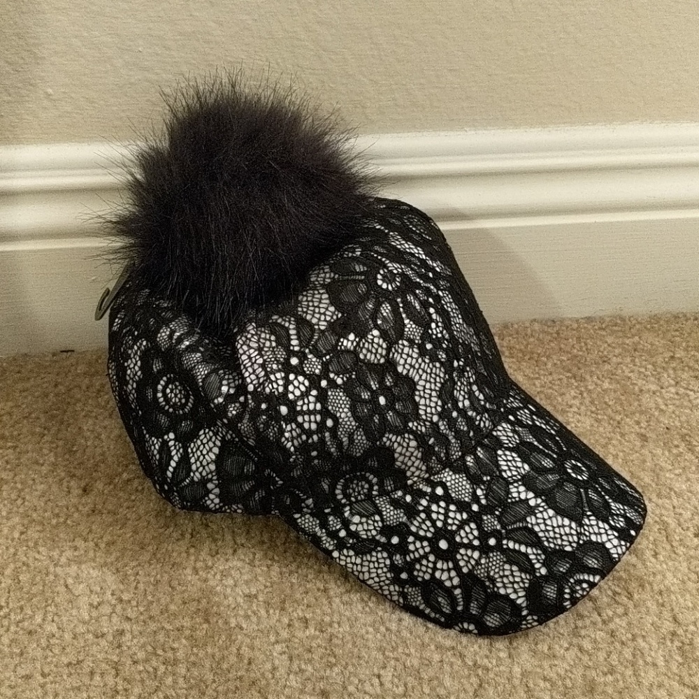 Betsy Johnson lace cap with fur ball